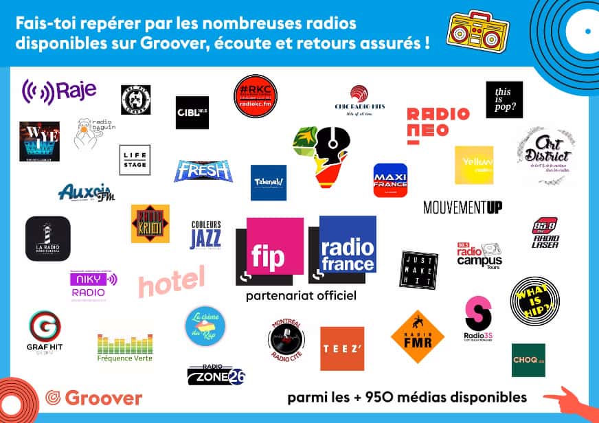 Passer en radio, partenariat Radio France, FIP, Raje, RKC, NotYourFan MyRadio, Bip Radio, TST, What Is Hip, Art District Radio, Just Make It, Radio Neo et beaucoup d'autres