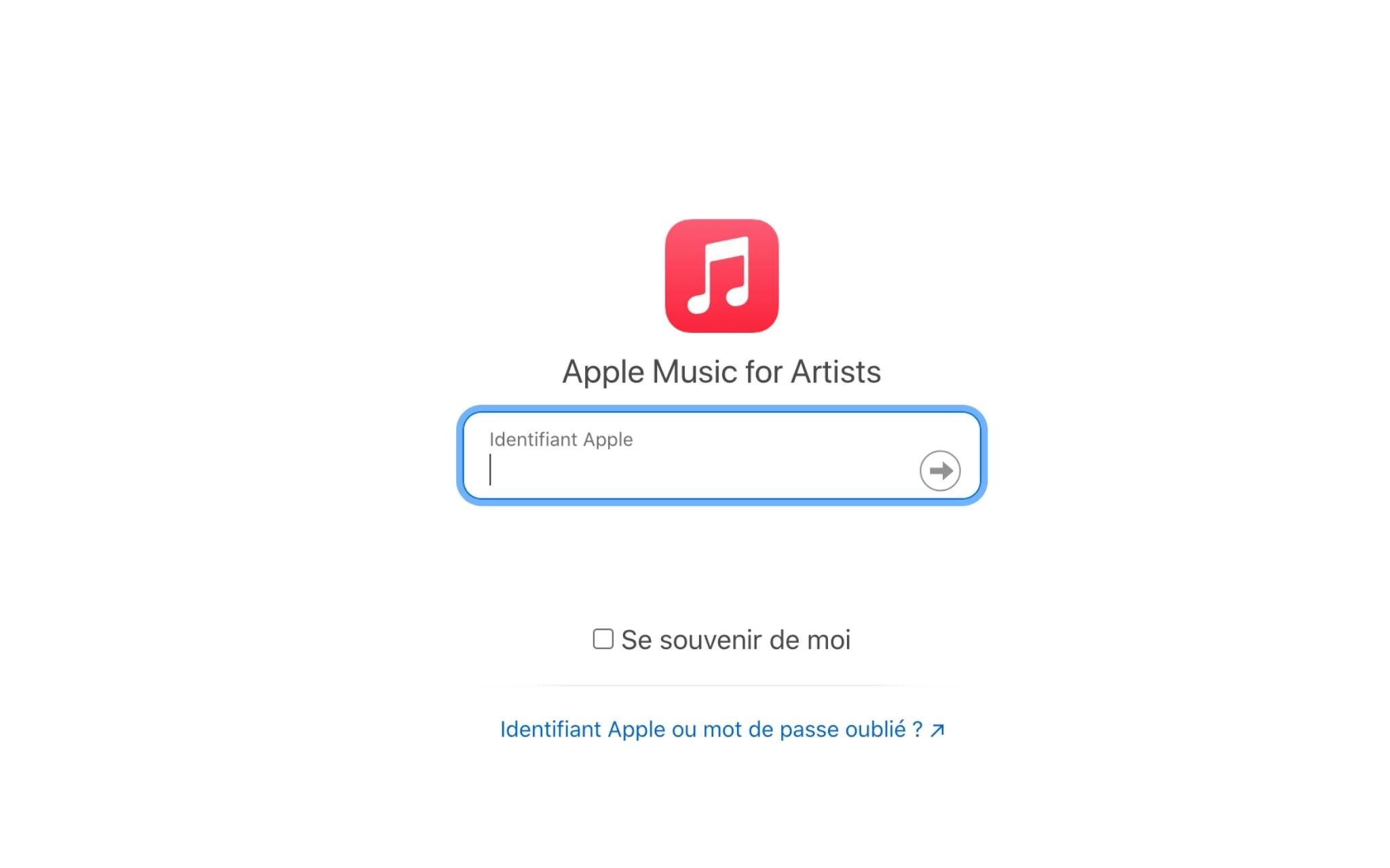 Página de acesso da Apple Music for Artists