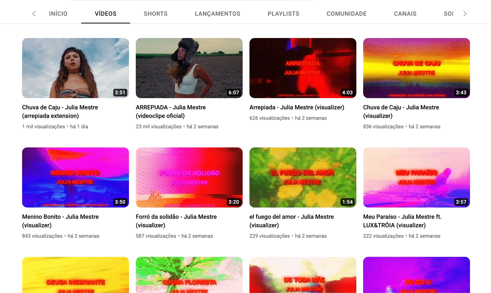 Youtube para artistas: os diferentes vídeos do canal da artista carioca Julia Mestre.