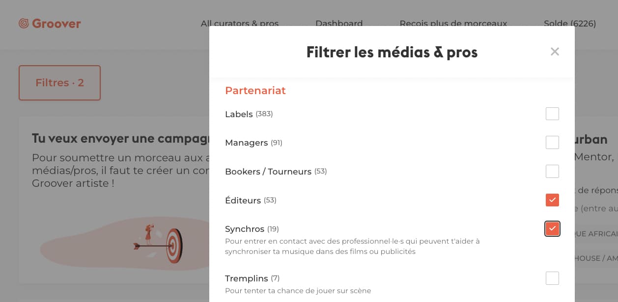 Comment Groover peut aider ? Sur Groover vous pouvez filtrer par Curator Types > "Sync Supervisors" & "Publishers" to focus on the industry professionals who are helping with these actions.