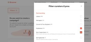 How Groover can help? On Groover you can filter by Curator Types > "Sync Supervisors" & "Publishers" to focus on the industry professionals who are helping with these actions. 