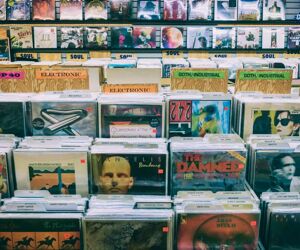 Albums neatly stacked in a music store.