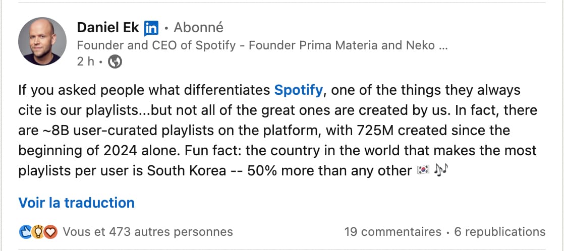 Spotify Founder and CEO shares a LinkedIn post emphasizing the significance of independent and third-party playlists.
