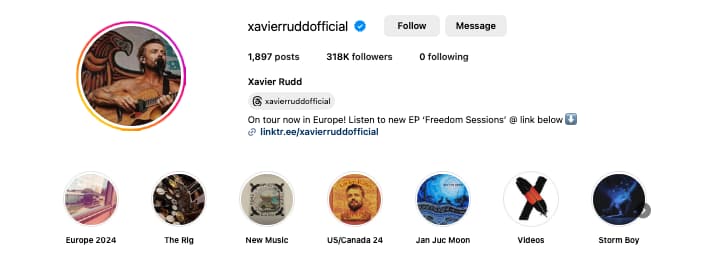 Xavier Rudds page on Instagram as an example using highlights effectively