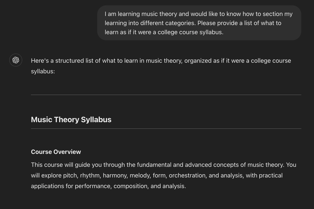 organize your music theory learning program with chatgpt